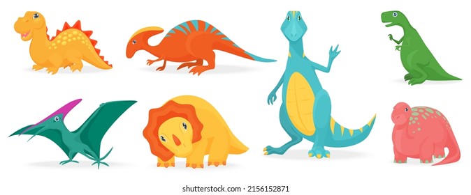 Cute dinosaur characters set vector illustration. Cartoon colorful baby collection with extinct prehistoric ancient animals, happy dino from cave period isolated white. Monster, paleontology concept