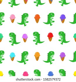 Cute dinosaur chasing ice creams  Seamless pattern