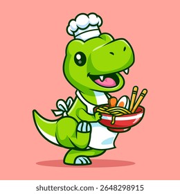 Cute Dinosaur Chef Cooking Ramen Noodle With Chopstick Cartoon Vector Icon Illustration. Animal Food Icon Concept Isolated Premium Vector. Flat Cartoon Style