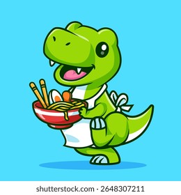 Cute Dinosaur Chef Cooking Ramen Noodle With Chopstick Cartoon Vector Icon Illustration. Animal Food Icon Concept Isolated Premium Vector. Flat Cartoon Style