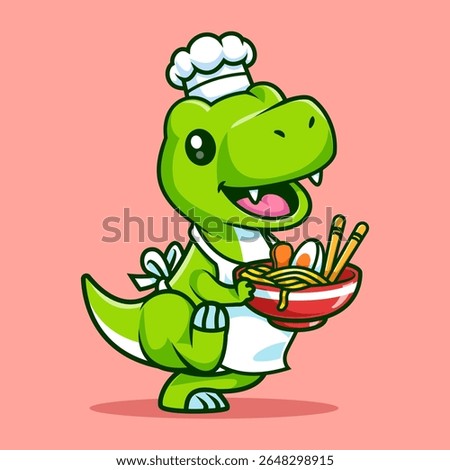 Cute Dinosaur Chef Cooking Ramen Noodle With Chopstick Cartoon Vector Icon Illustration. Animal Food Icon Concept Isolated Premium Vector. Flat Cartoon Style