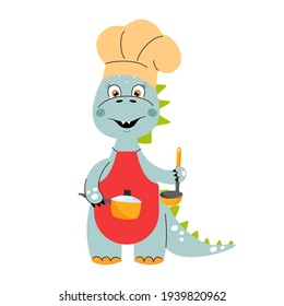 Cute dinosaur in chef hat and apron cooking meal. Vector illustration.