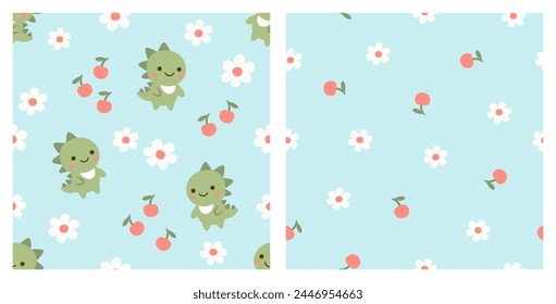Cute dinosaur with cherry and flower seamless pattern. Kid design. Surface vector design.