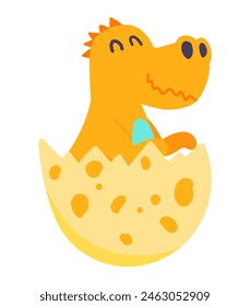 Cute dinosaur child sits in egg in flat design. Happy orange dino baby. Vector illustration isolated.