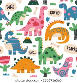 Cute dinosaur, childish dragon animal character, funny dino mascot, prehistoric reptile vector illustration. Isolated set of hand drawn t-rex, triceratops, stegosaurus doodle exotic beast pattern