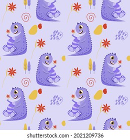 Cute dinosaur. Childish seamless pattern with dino in a flat style. Creative vector childish background for fabric, textile. Dinosaur with a flower in its paws.
