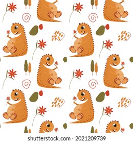 Cute dinosaur. Childish seamless pattern with dino in a flat style. Creative vector childish background for fabric, textile. Dinosaur with a flower in its paws.