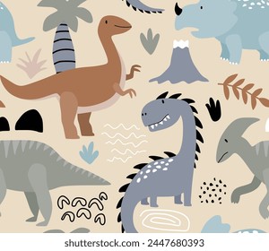 Lindo dinosaurio infantil sin patrón en estilo escandinavo. Fondo infantil de Vector creativo para la tela, textil