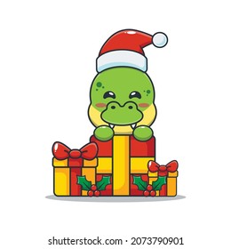 Cute dinosaur with christmas gift. Cute christmas cartoon illustration.