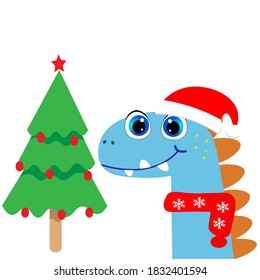 cute dinosaur and christmas tree vector illustration