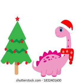 cute dinosaur and christmas tree vector illustration
