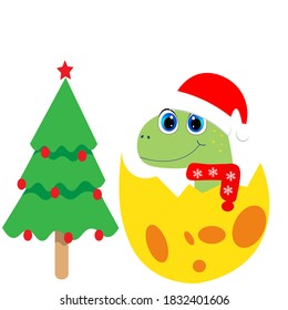 cute dinosaur and christmas tree vector illustration