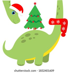 cute dinosaur and christmas tree vector illustration