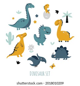 Cute Dinosaur Clipart Isolated On White Background. Colorful Dino Of Hand Drawn Style For Kids. Vector Illustration With Animals. Jurassic Period.