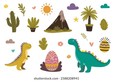 Cute dinosaur clipart set with prehistoric elements, volcano, plants, and decorated eggs. Perfect for kids' designs, prints, and creative projects