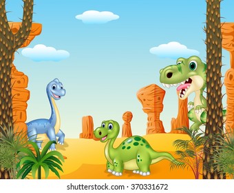 Cute dinosaur collection set in the prehistoric background