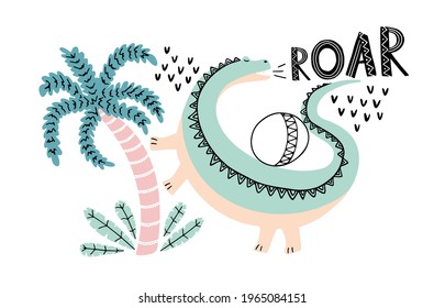 Cute dinosaur color flat vector character. Supersaurus playing with ball. Jurassic reptile with lettering Roar. Isolated cartoon illustration for kids poster, textile, book, t-shirt
