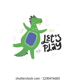 Cute dinosaur color hand drawn vector character. Let's play handwritten lettering. Dino flat handdrawn clipart. Sketch jurassic reptile. Isolated scandinavian cartoon illustration for kids game, book