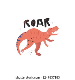 Cute dinosaur color hand drawn vector character. Roar handwritten lettering. Dino flat handdrawn clipart. Sketch jurassic reptile. T-rex. Isolated scandinavian cartoon illustration for kids game, book