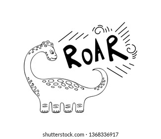 Cute dinosaur color hand drawn vector character. Roar lettering. Flat handdrawn clipart. Sketch jurassic reptile. Isolated scandinavian cartoon illustration for kids game, book, t-shirts, banner