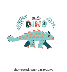 Cute dinosaur color hand drawn vector character. Adventure handwritten lettering. Dino flat handdrawn clipart. Sketch jurassic reptile. Isolated scandinavian cartoon illustration for kids game, book