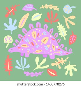 Cute dinosaur color hand drawn vector character. Dino flat handdrawn clipart. Prehistoric animal. Isolated cartoon illustration for kids game, book, t-shirt