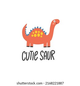 Cute Dinosaur Color Hand Drawn Vector Character. Cutiesaur Handwritten Lettering. Dino Flat Hand Drawn Clipart. Sketch Jurassic Reptile. Isolated Cartoon Illustration For Kids Game, Book, T Shirt