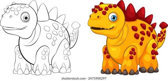 Cute dinosaur in color and outline versions