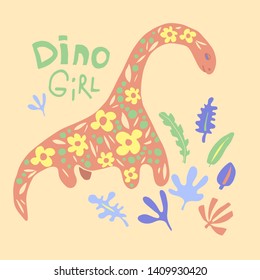 Cute Dinosaur Color Vector Character. Dino Girl With Lettering And Leaves. Girl Power Concept. Dino Flat Handdrawn Clipart. Prehistoric Animal. Isolated Cartoon Illustration For Kids Game, Book, T-shi