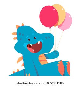 Cute dinosaur with colorful balloons vector cartoon character isolated on a white background.