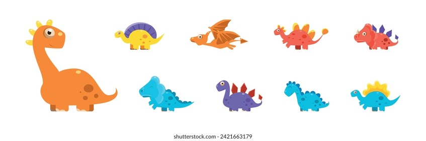 Cute Dinosaur as Colorful Prehistoric Beast and Animal Vector Set