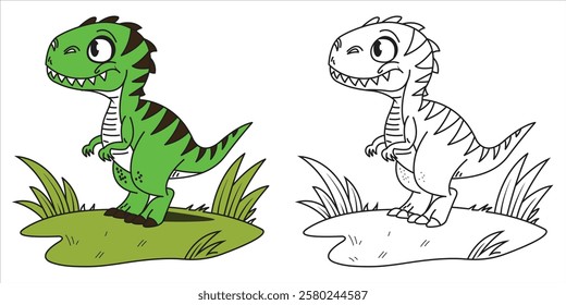 Cute dinosaur coloring book for children to print. Colored and skeletonized T-Rex cartoon character vector illustration