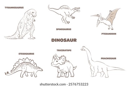 Cute dinosaur coloring illustration set