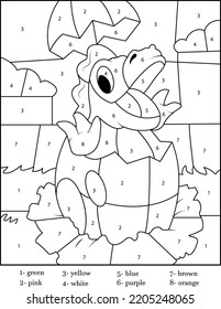 Cute dinosaur coloring page for kids. Printable design coloring book. Coloring puzzle with numbers of color.