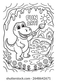 uma página de coloração de dinossauro bonito com um pincel, flores e uma paisagem. o texto diz diversão arte! perfeito para atividades criativas.