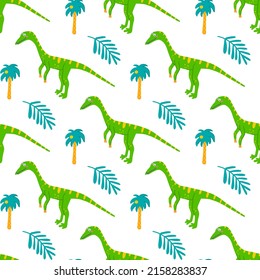 Cute Dinosaur Compsognathus with Tropical Plants, Vector Seamless pattern on white background, Childrens print for clothes, postcards.