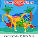Cute dinosaur Compsognathus.Flat cartoon illustration. Compsognathus wildlife.Dinosaur in jungle with baby,kid and palm. Predatory dinosaur of Jurassic period. Extinct animal. Paleontology animal