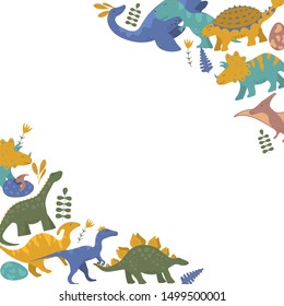 Cute dinosaur corner for kids invitation card with rex, raptor and pterodactyl. Vector isolated floral funny colorful dino frame background with ankylosaurus.