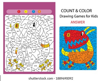 Cute dinosaur. Count and colour. An educational game with numbers. Maths and puzzle game for children. Coloring sheet. Vector illustration.