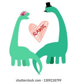 Cute dinosaur couple, Mr and Mrs retro wedding vector illustration isolated