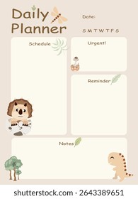Cute Dinosaur Daily Planner Template for Kids. Printable Cartoon Schedule Organizer in Pastel Colors