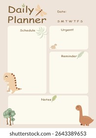 Cute Dinosaur Daily Planner Template for Kids. Printable Cartoon Schedule Organizer in Pastel Colors