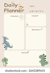 Cute Dinosaur Daily Planner Template for Kids. Printable Cartoon Schedule Organizer in Pastel Colors