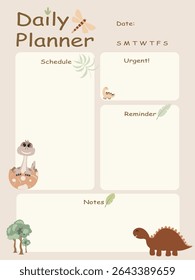 Cute Dinosaur Daily Planner Template for Kids. Printable Cartoon Schedule Organizer in Pastel Colors