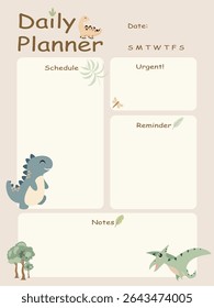 Cute Dinosaur Daily Planner Template for Kids. Printable Cartoon Schedule Organizer in Pastel Colors