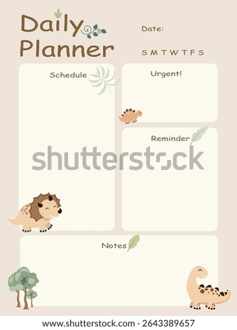 Cute Dinosaur Daily Planner Template for Kids. Printable Cartoon Schedule Organizer in Pastel Colors
