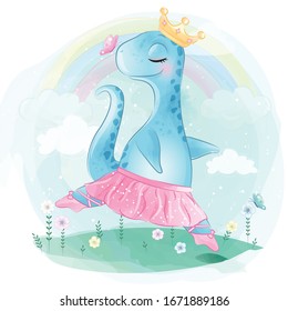 Cute dinosaur is dancing ballet