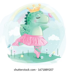 Cute dinosaur is dancing ballet