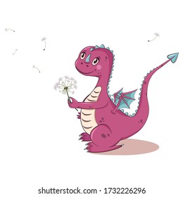 Cute dinosaur. Cute dinosaur with 
dandelion. Little T-rex. Illustration for kids fashion.