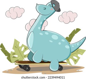 Cute dinosaur decided to show his skills on his skateboard